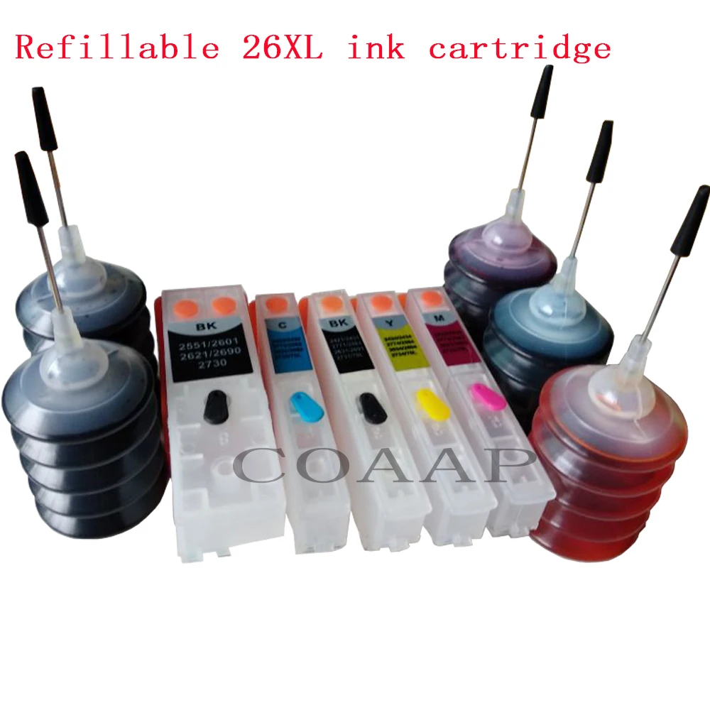 5 Pcs T2621 2631 2632 2633 2634 Refillable Empty Ink Cartridge For Epson XP 600 605 700 710 720 800 810 820 Printer + 150ml dye