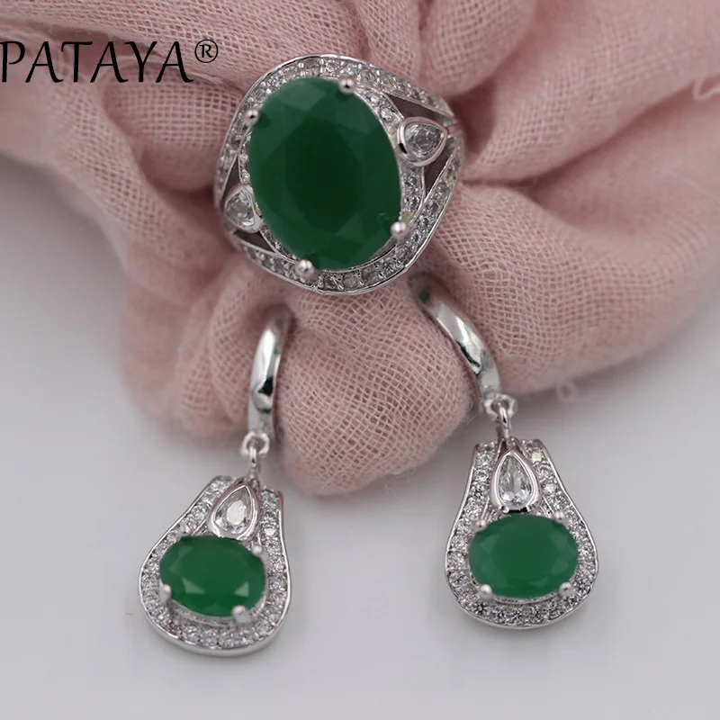 PATAYA New Multicolor Oval Natural Zirconia Earrings Ring Sets Women Romantic Wedding True White Gold Color India Jewelry Set