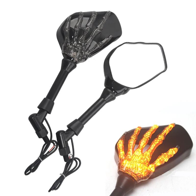 1 Pair Motorcycle Handlebar Skull Hand Pattern Ghost Claw Rearview Side Glass Mirror 10W/ 12V LED light Modified Accessorie