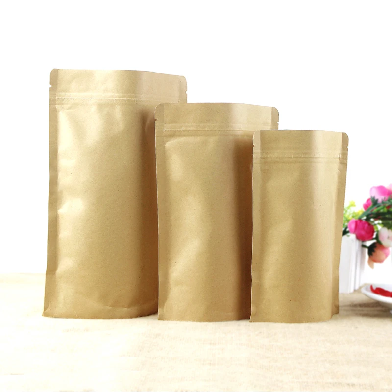 50PCS Stand up Kraft Paper+Foil Inlay Zipper Storage Bag High Barrier Powder Nuts Coffee Tea Spice Candy Heat Sealing Pouches