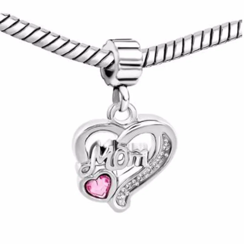 slide charm Free shipping Mother Daughter Rose October Births Heart Dangle Charm Bracelet Spacer Beads  fit Pandora bracelet