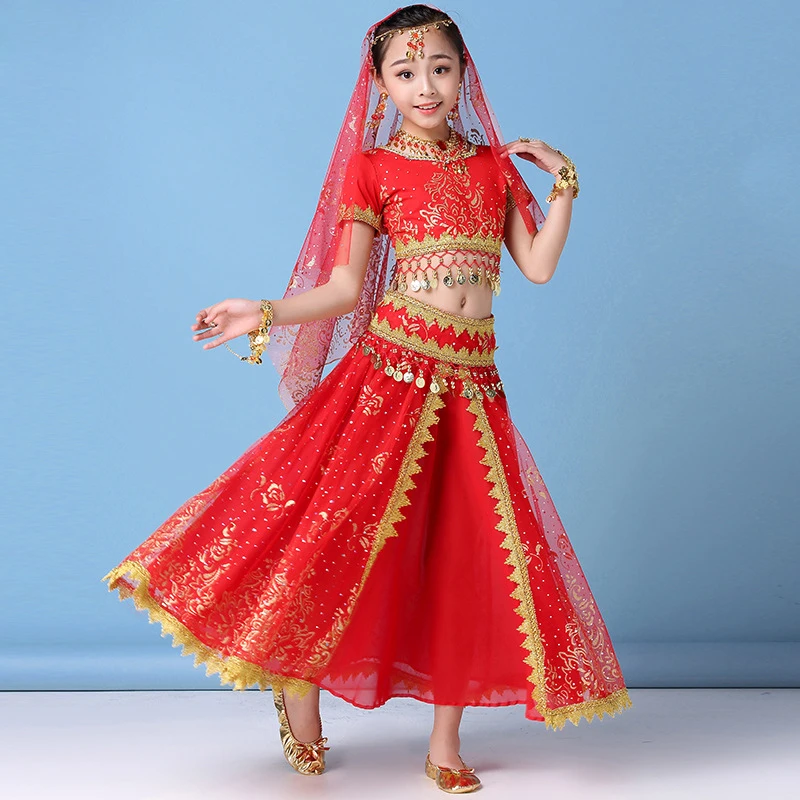 

Children Dance Wear Belly Dance Bollywood Costume Set Girls Indian Flowers Outfit 5pcs (Top Belt Skirt Veil Headpiece)