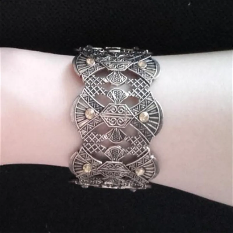 Wide Adjustable Strand Bracelet For Women Brand Carving Flower Metal Marcasite Bracelet & Bangles Vintage Jewelry