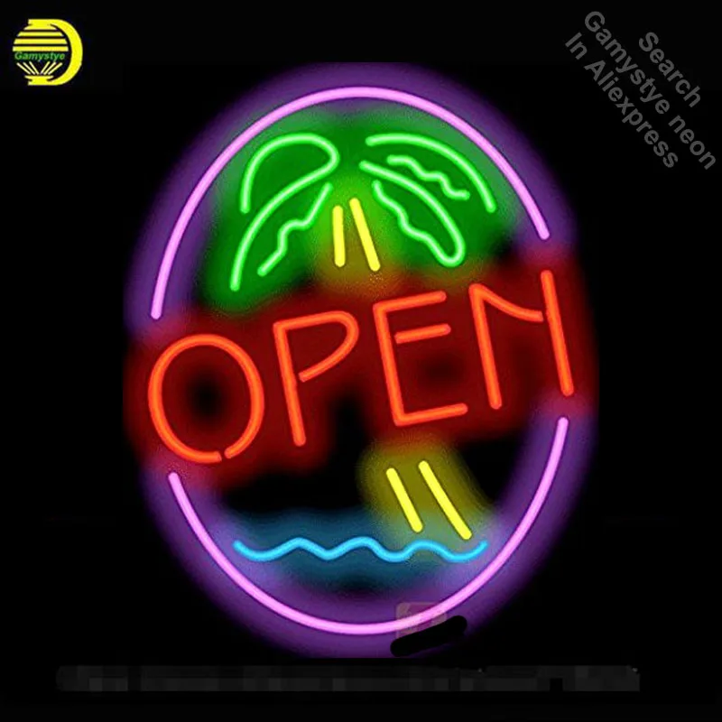 palmeira open neon sign lampadas de neon luzes de neon tubo de vidro real artesanato iconic sign store display tabuleta luzes de parede 01