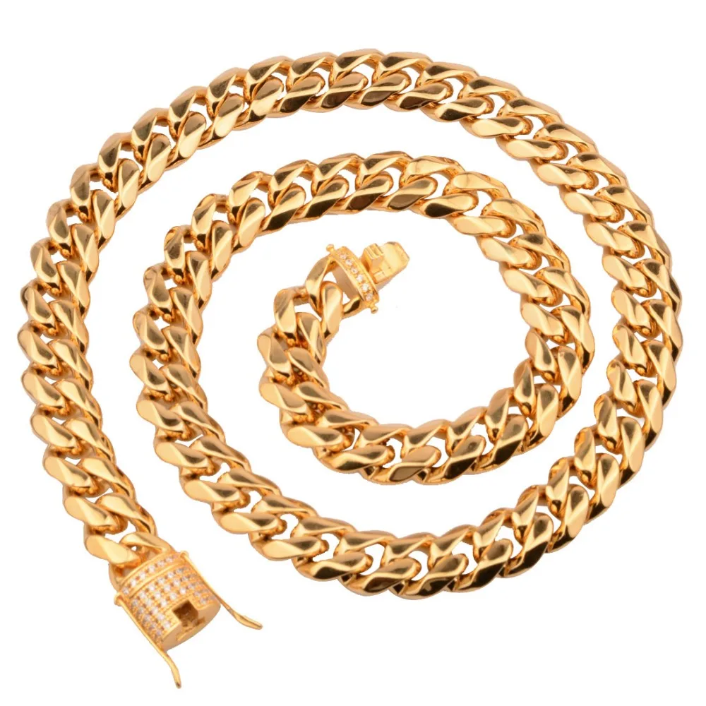 7-40inch Drill-CZ 316L Stainless Steel Gold Color Cool Miami Cuban Curb Link Chain Mens Boys Necklace Or Bracelet