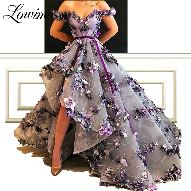 High Low Long Prom Dresses 2019 Newest Off the Shoulder Flower Arabic Evening Dress Robe De Soiree Party Gowns Abendkleider