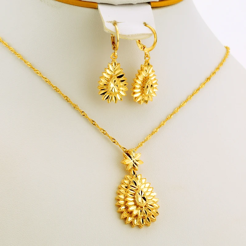 Dubai Jewelry Sets African Heart Necklace and Earrings For Women Fashion 24K Gold Color Love Ethiopian Wedding Arab Bride Gifts