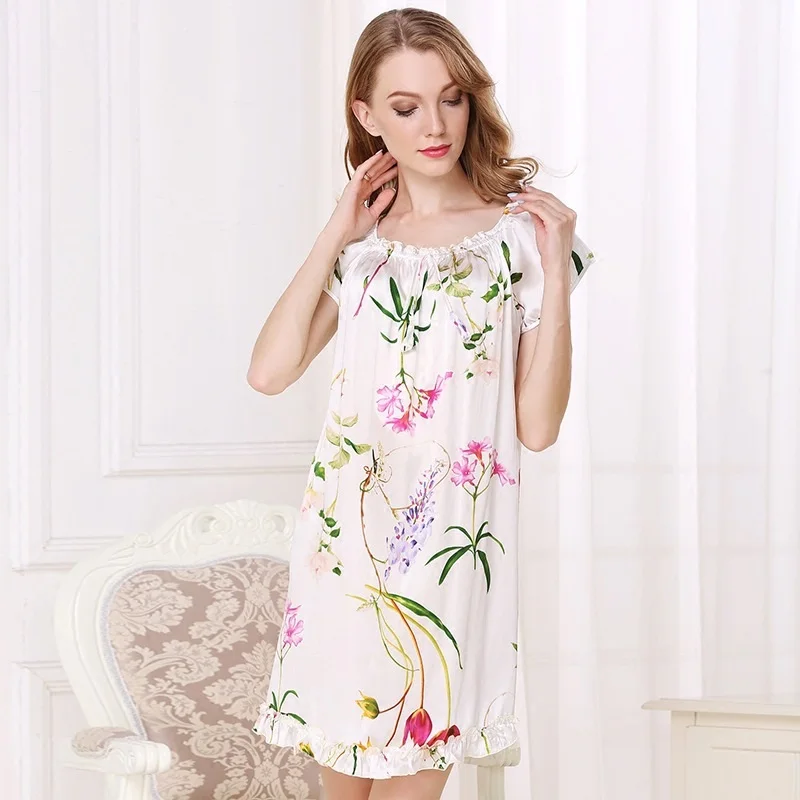 

100% Mulberry Silk Nightgown Women with Short Sleeve Print Nightdress Ladies Nightie Sleepwear Satin Nightwear sp0112