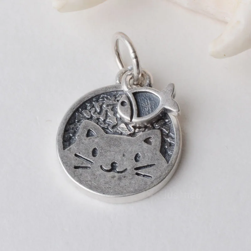 

solid 925 Sterling Silver kitten with Small fish Pendant Charm, Thai Silver spacer bead charms for silver jewelry