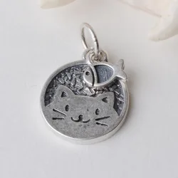 solid 925 Sterling Silver kitten with Small fish Pendant Charm, Thai Silver spacer bead charms for silver jewelry