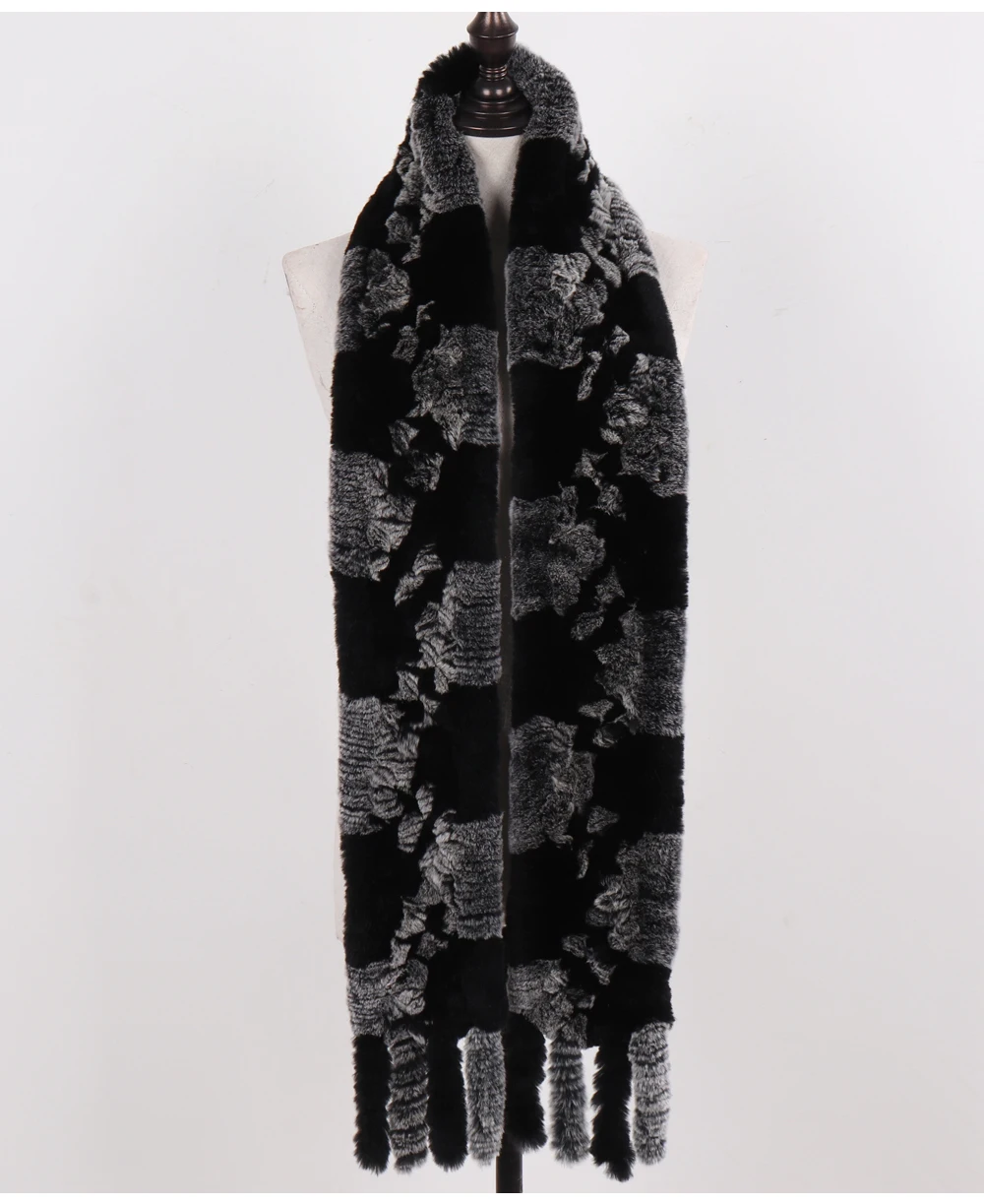 Neue Damen-Schals aus 100% natürlichem Rex-Kaninchenfell, langer Stil, gestrickte Rex-Kaninchenfell-Quastenschals, warme Echtfell-Schals für den Winter. – Detail 16