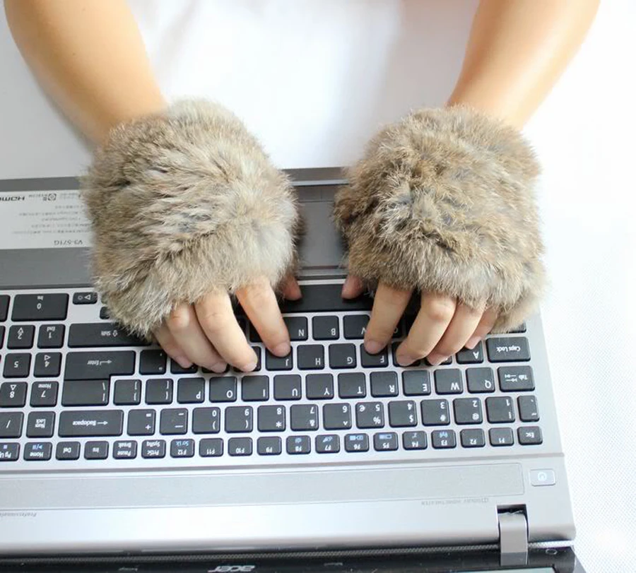 Winter Soft hand knitting rabbit fur Fingerless Half Cuff Gloves elastic 3 color