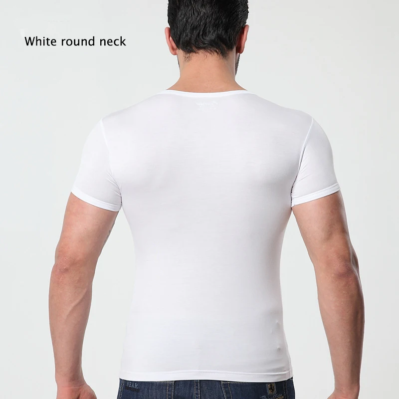 Ropa interior MODAL de color sólido para hombre, ropa ajustada de manga corta, transpirable, con cuello redondo