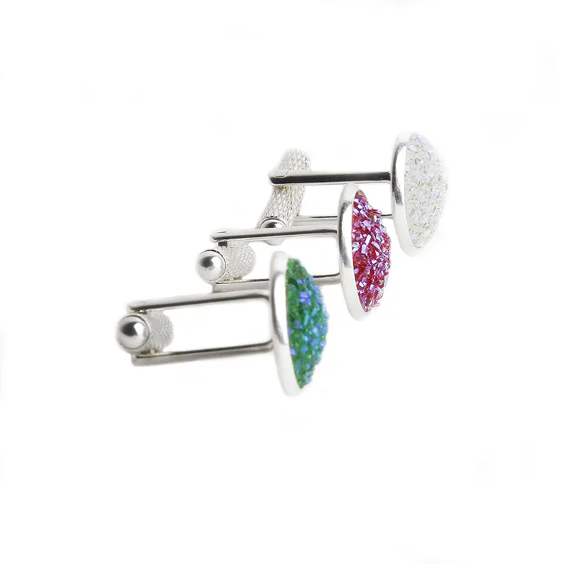 Simple Luxury Colorful Drusy Stone Cufflinks for Men Women Round Rhinestone Cuff links Novelty Shirt Sleeve Buttons Accessories