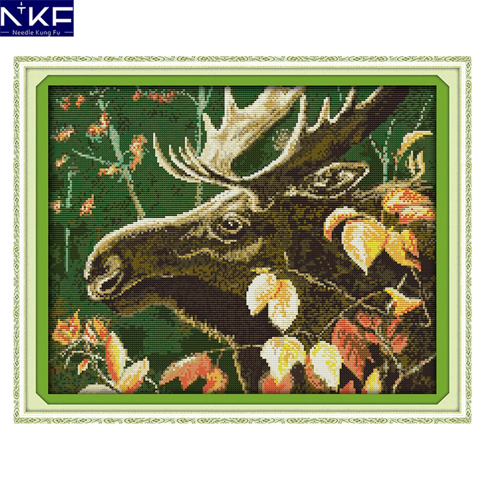 NKF Elk Cross Stitch Sets Handmade Craft Painting Needlework Embroidery Kit Animal Cross Stitching Pattern for Home Decor