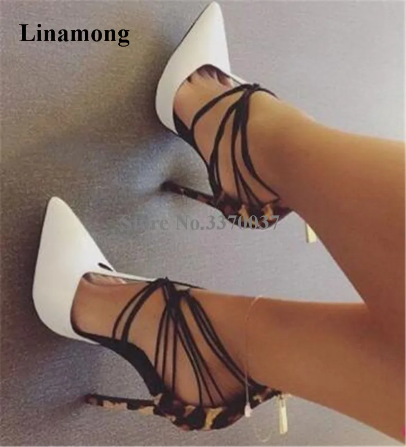 

Brand Design Women Fashion Pointed Toe White Leopard Stiletto Heel Pumps Strap Cross Patchwork High Heels Formal Dress Shoes