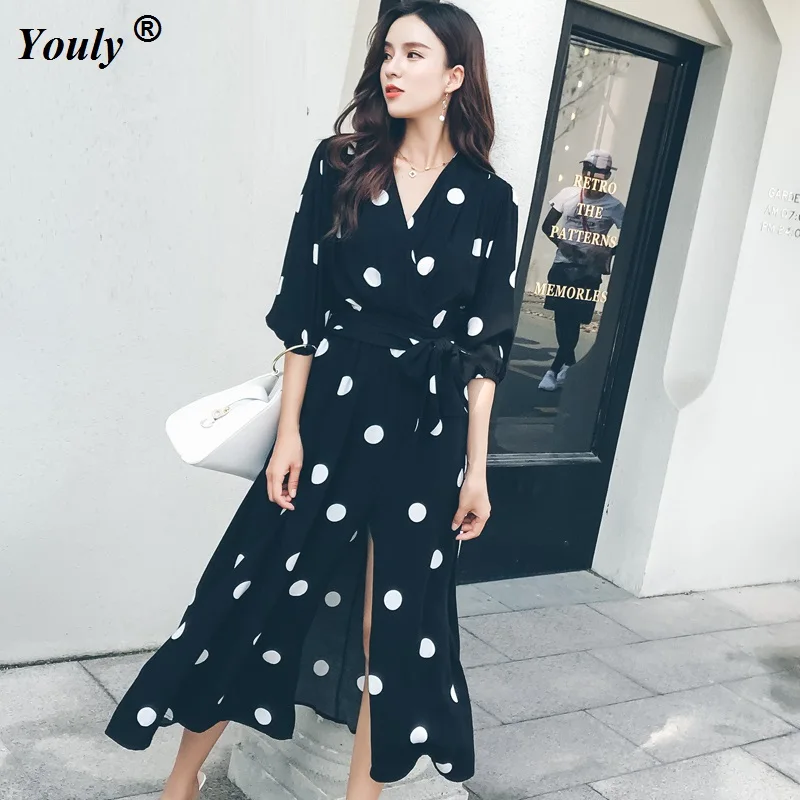 

Elegantly Women Dot Party Dress Spring Vintage Fashion V-neck Ladies Long Mid Dress Casual Half Sleeve Dot Dress Female