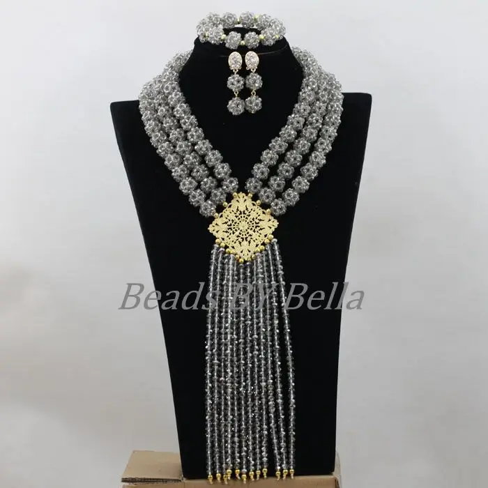 Handmade Balls Necklace Set Gray Grey Crystal Beads Necklace Set Nigerian Wedding African Beads Jewelry Set Free Shipping ABF759