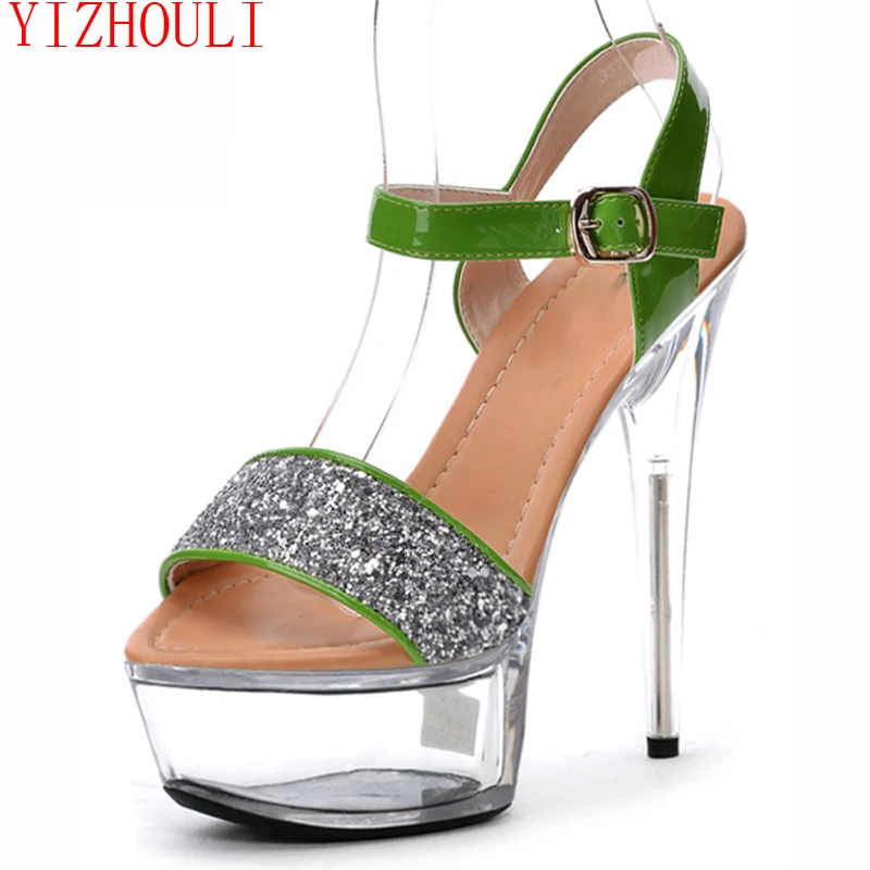 Sexy Roman-style crystal sandals with 15cm chic shimmering heels and 6-inch chunky soles