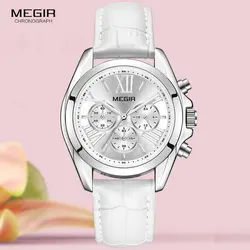 MEGIR2019 New Luxury Leather Watch Women Female Top Brand Chronograph Quartz Wristwatch Lady Relogios Femininos Clock 2114 White