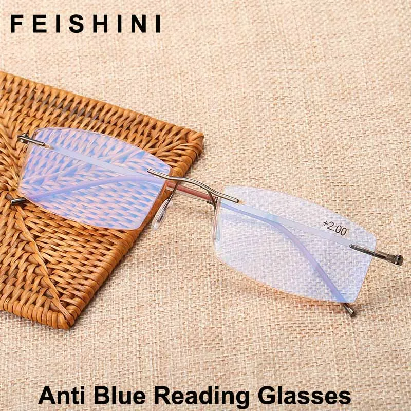 

Feishini Anti Blue Rays Tinted Lenses Computer Rimless Reading Glasses Men Stainless Steel Diopter Presbyopic Eyeglasses Square