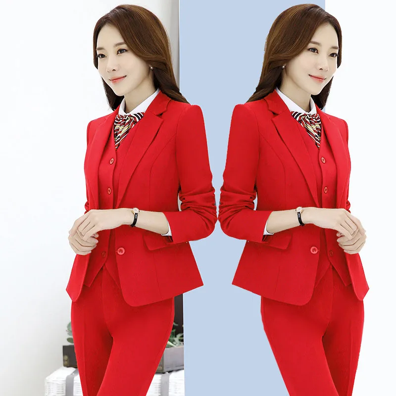 

IZICFLY New Red Formal Trouser Set Uniform Designs For Women Suits With Pant Office Blazers Elegant Business Work Wear