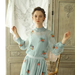 LYNETTE'S CHINOISERIE Spring Autumn Women Vintage Embroidery Mori Girls Lace Patchwork Blouse Shirt