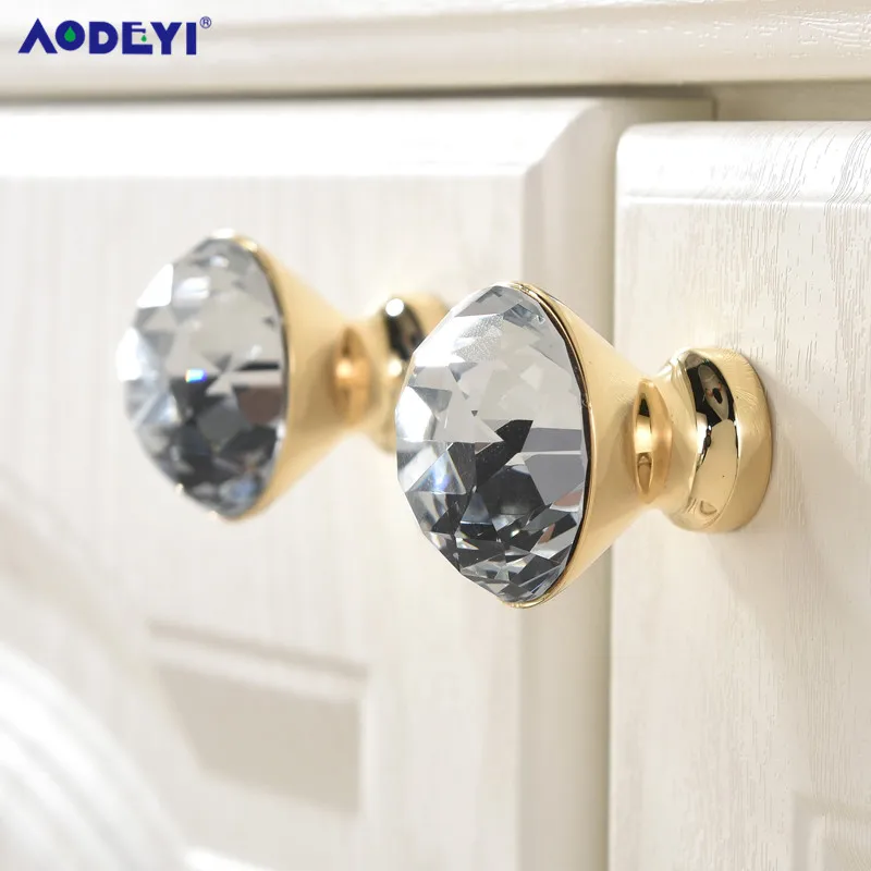 Luxury Gold Czech Crystal  Round Cabinet Door Knobs and Handles Furnitures Cupboard Wardrobe Drawer Pull Handle