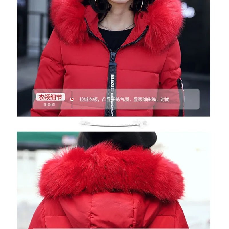 Women's Fur collar Hooded Coats Parka Fashion Letter Patch Zipper Design Long Jacket Elegant Warm Thick Outwear Lady Winter 2025