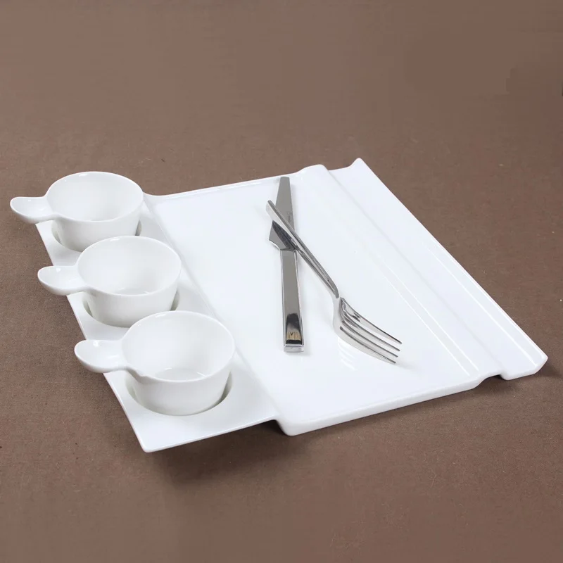 

Fashion Square Ceramic Serving Dish with Cups Decorative Porcelain Flat Dinner Plate Tableware for Beef Steak Noodles and Cakes