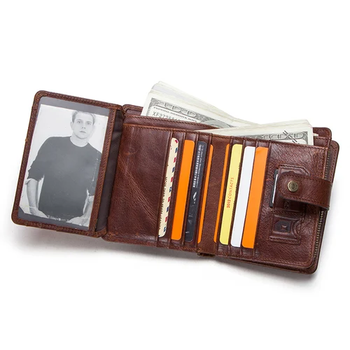 Imagen 2 del producto Cartera Vintage de cuero genuino RFID de CONTACT'S para hombre con bolsillo para monedas, billeteras cortas, billetera pequeña con cremallera y tarjeteros, monedero para hombre