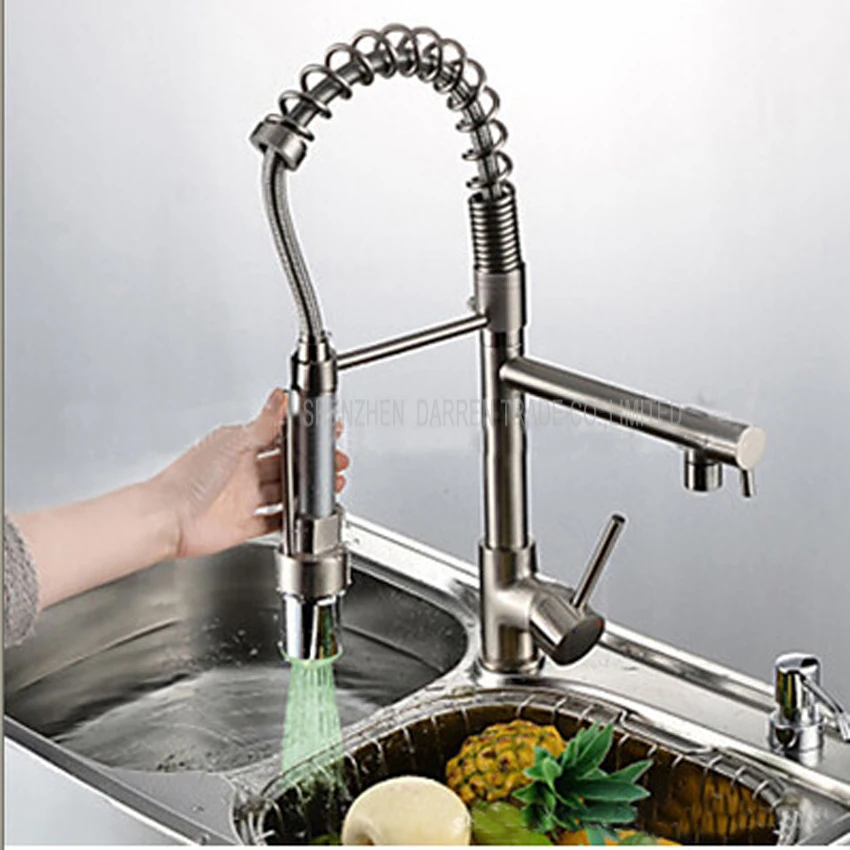 1pc Water tap kitchen pull out faucet LED light kitchen faucet mixer with two spray brushed nickel