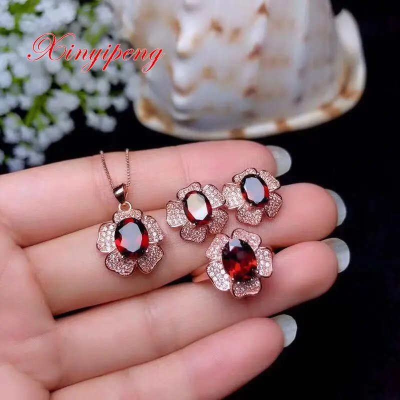 

Xin yi peng 925 silver inlaid natural garnet ring necklace earrings jewelry suit a woman