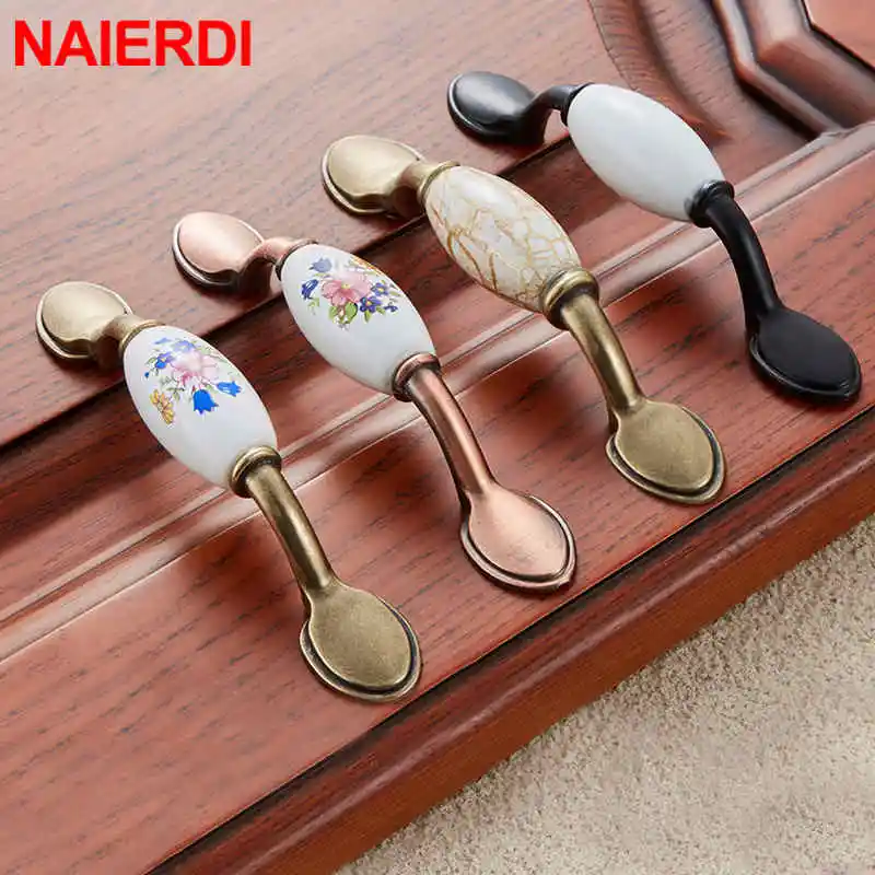 NAIERDI Antique Bronze Ceramic Cabinet Handles Zinc Alloy Drawer Knobs Wardrobe Door Handles Morning Glory European Handle