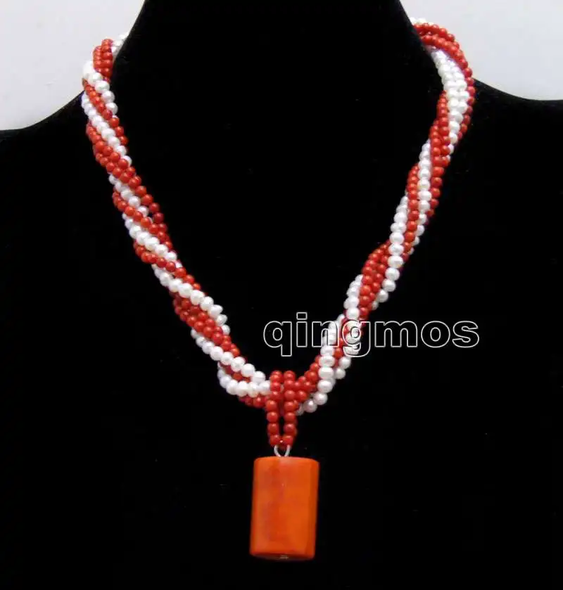 

2 strands 4-5mm White Round Natural Pearl and 3 strands 3-4mm Red Coral 17'' combination necklace & 25mm Coral pendant-nec6436