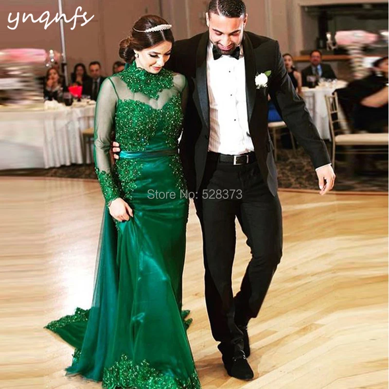 YNQNFS ED262 Green Gown Vestidos Robe de Soiree High Neck Long Sleeve Pearls Crystal Bridesmaid Dresses Party Formal Abiye 2019