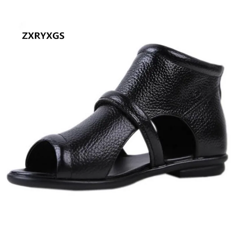 Hot 2024 New Fish Mouth Summer Cowhide Leather Sandals Flat Shoes Women Sandals Comfortable Soft Women Shoes Sandals Casual Shoe