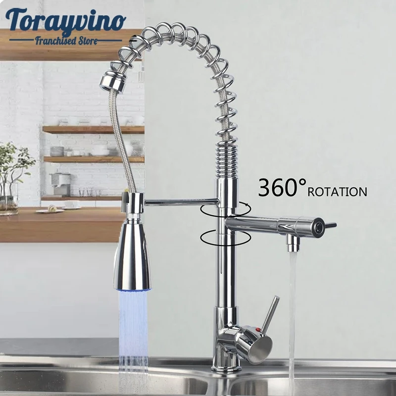 

Torayvino kitchen faucet brass Pull Out Down sink LED Spray Swivel Chrome Spray basin Vessel Mixer Faucet deck mounted taps