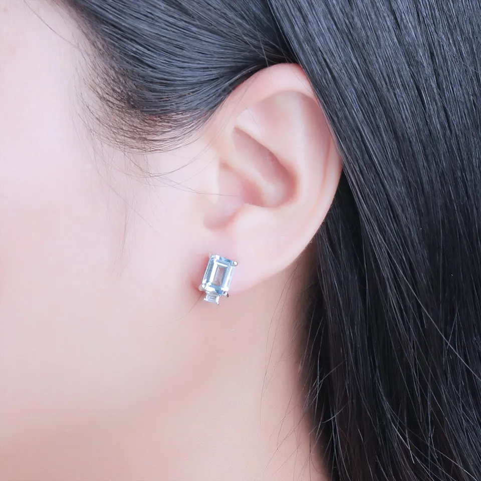 UMCHO Sky Blue Topaz Clip Earrings for Women Solid 925 Sterling Silver Princess Cut Trendy Silver 925 Jewelry Birthstone Gift