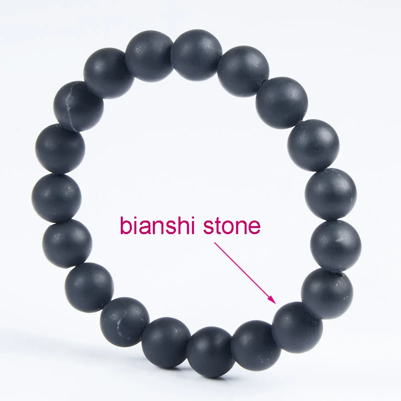 Real Round Flat Black Bianshi Natural Bian Stone Charm Bracelet Jewelry Gift For Men