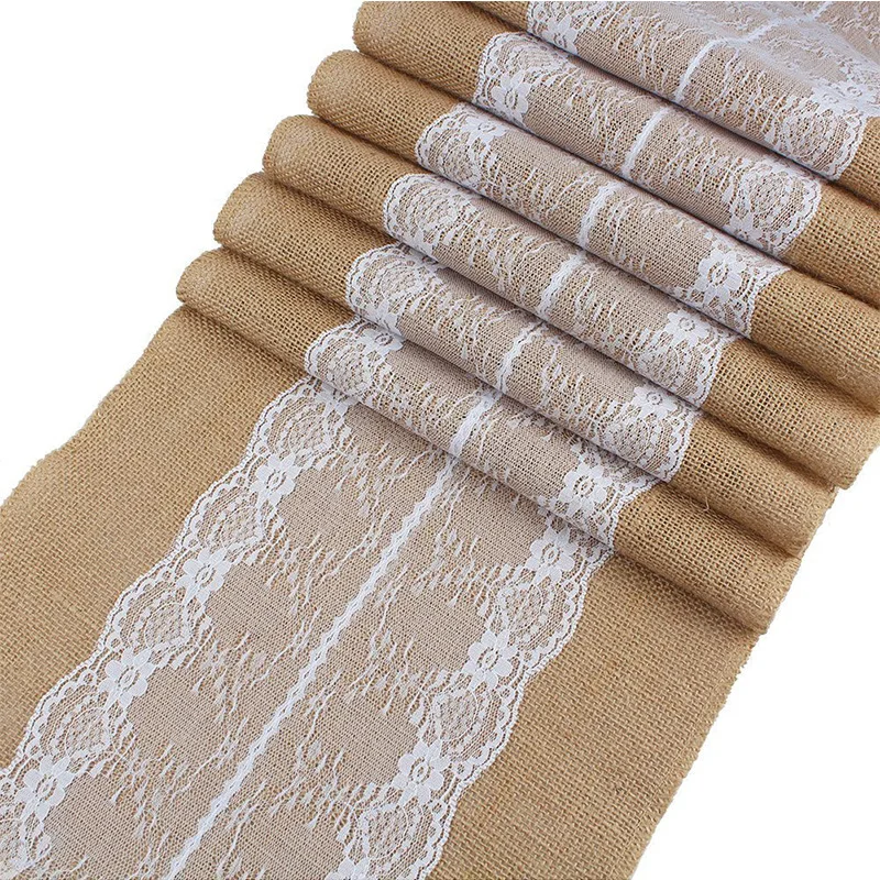 2pcs Natural Jute Burlap Table Runner with Lace 12