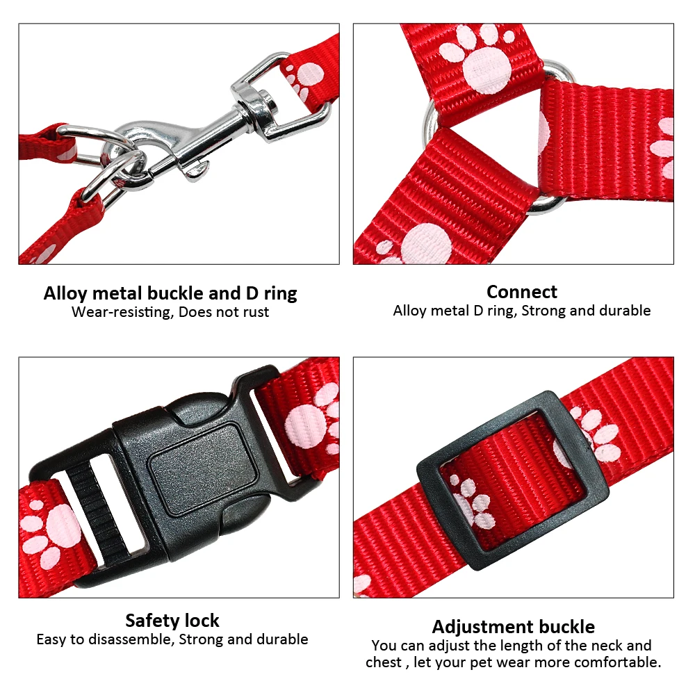 Nylon Dog Harness and Leash Set Adjustable Paw Print Dog Harness Walking Leash Strap for Small Medium Dogs S/M/L