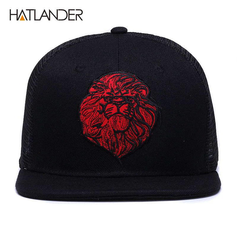 [Hatlander] bonés de beisebol pretos originais, para meninos, meninas, chapéus de sol de verão, bordado, malha de leão, snapbacks, hip hop, boné trucker