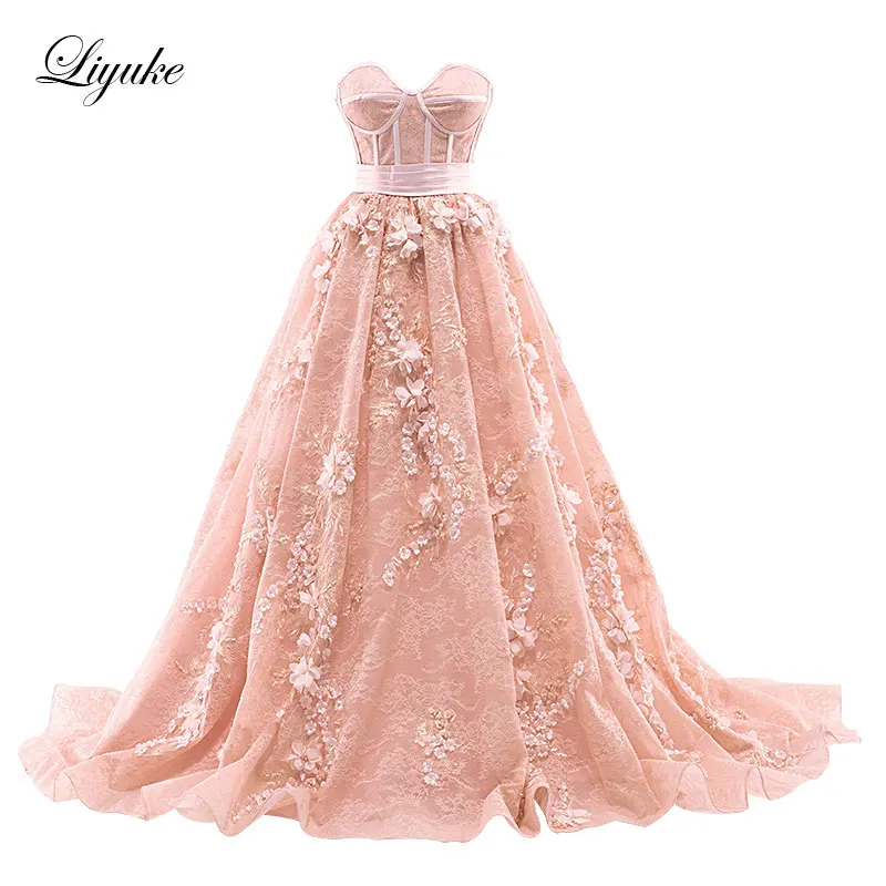 Liyuke-vestidos de noche sin tirantes, corte en A, flores personalizadas florales, recién llegado, vestido Formal naranja hasta el suelo, Reina elegante