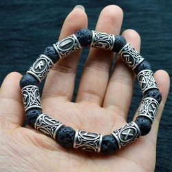 Natural Black Bracelet Trendy Retro Alloy Viking rune Lava stone Beads Bracelet For Men Women Bangle Jewelry Personality Gift
