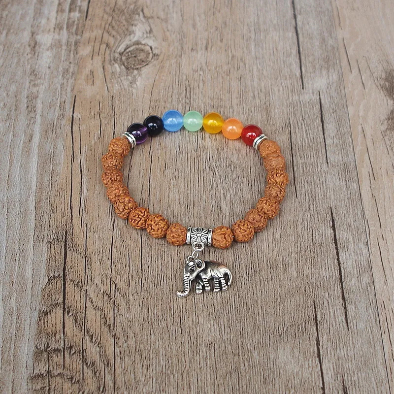 Handmade Original Rudraksha Elephant Mala Chakra Bracelet Yoga Healing Prayer Seven Chakra Charm Beaded Strand Bracelet