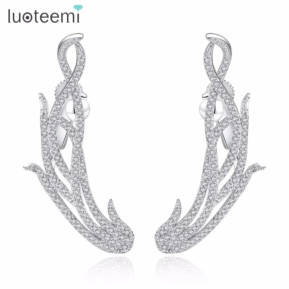 LUOTEEMI Simple Design Feather Shape Ear Jacket Well Favorable Drop Earrings With Clear CZ Crystal Brincos Bijoux for Women