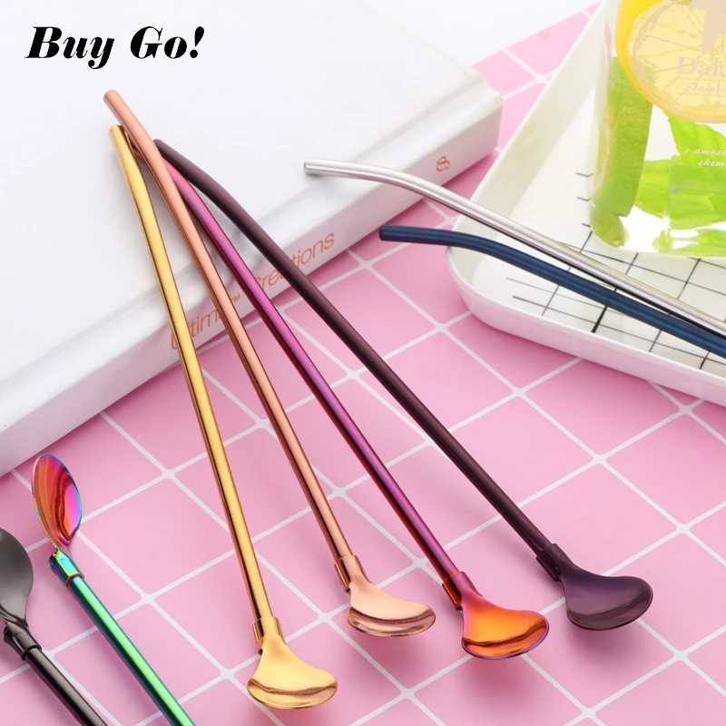 10PCS Eco-Friendly Stainless Steel Long Metal Drinking Straw Spoon Portable Spoon Yerba Mate Functional Bar Accessories Xmas NEW