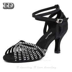 Chaussures de danse latine avec strass et lanières croisées, en Bronze, noires, confortables, pour salle de bal, Jazz, fête, valse