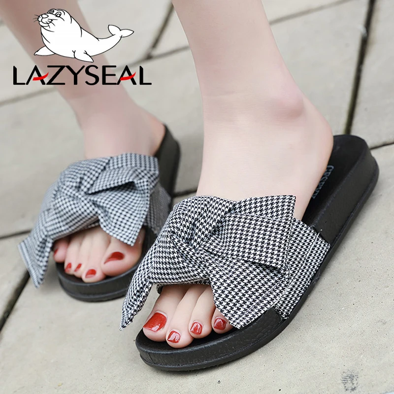 LazySeal Bướm-Nút Thắt Dép Nữ Mùa Hè Nữ Trượt Nhà Dép Phẳng Gót Chanclas Mujer "Bãi Biển Người Phụ Nữ Giày